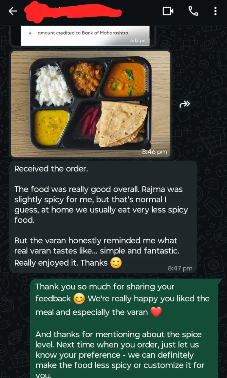 WhatsApp review Kadam's LunchBox tiffin delivery Baner Pune