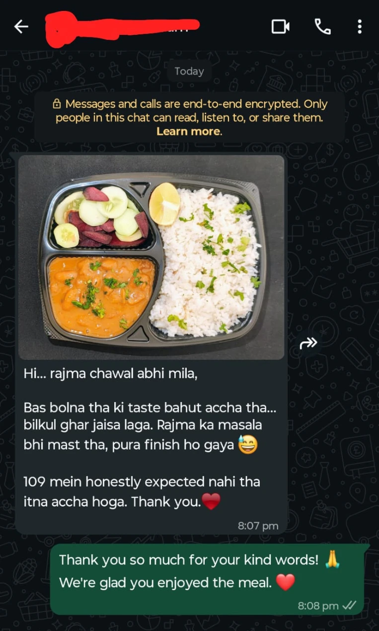 Customer feedback Kadam's LunchBox homemade tiffin Sangvi Pune