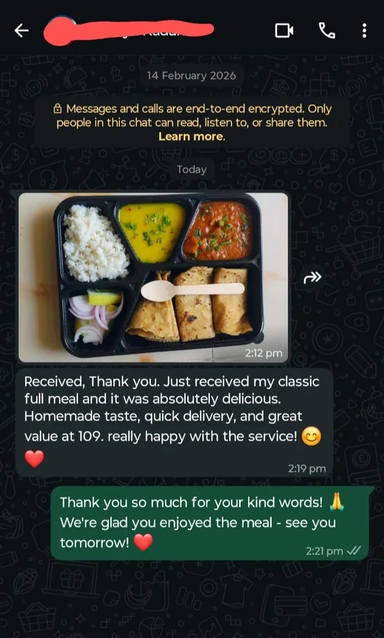 Customer WhatsApp review Kadam's LunchBox tiffin Pimple Gurav Pune
